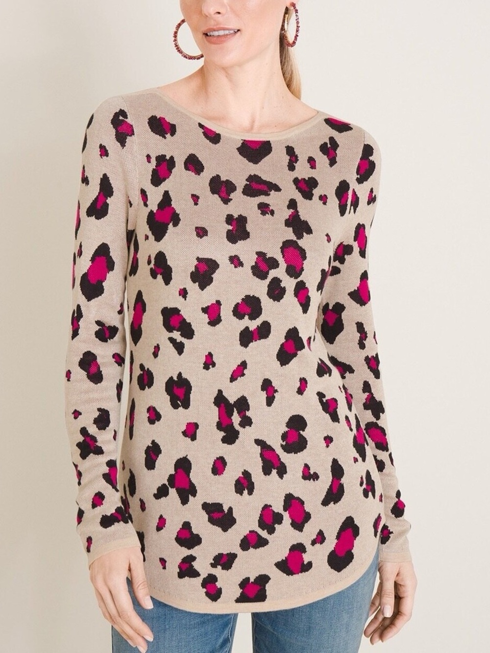 Chico's Beige Leopard-Print Scoop Neck Sweater with Pink Accents